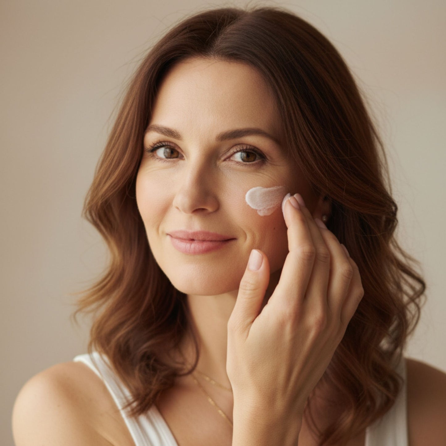 Mujer de 35 años aplicándose Hydralift con ácido hialurónico shafa cosmetics