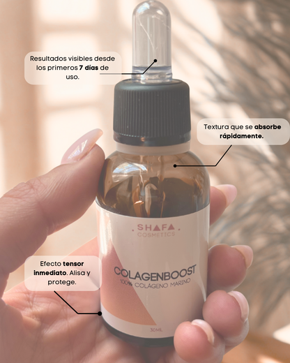 Beneficios de colagenboost shafa cosmetics. Resultados visibles desde los primeros 7 días, textura de rápida absorción, efecto tensor inmediato. Alisa y protege. 18 aminoácidos esenciales. 100% Colágeno marino hidrolizado.