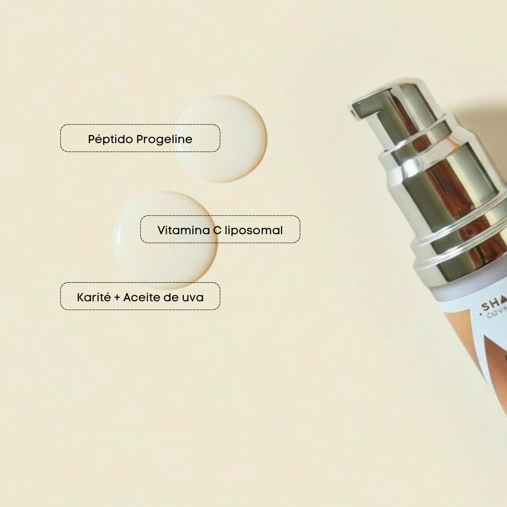 Péptido progeline, vitamina c liposomal, karité y aceite de uva ingredientes de contorno vitafirm shafa cosmetics con textura