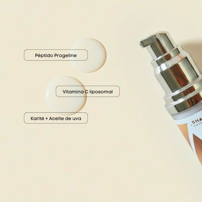 Péptido progeline, vitamina c liposomal, karité y aceite de uva ingredientes de contorno vitafirm shafa cosmetics con textura