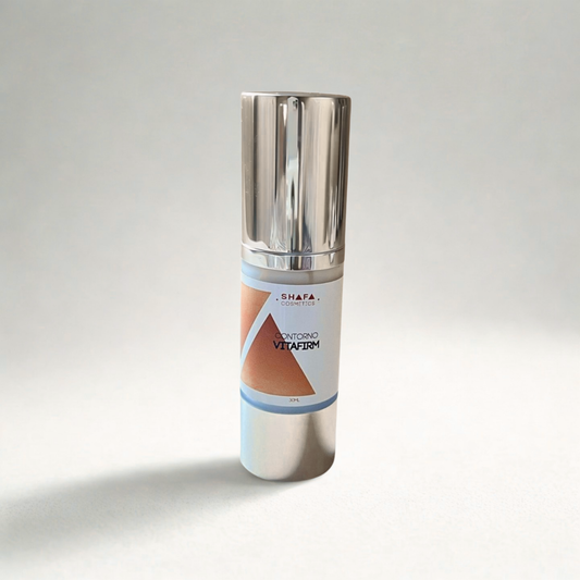 Contorno de ojos vitafirm con péptido progeline y colágeno de Shafa Cosmetics en fondo liso de color neutro. 