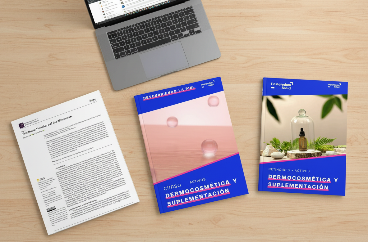 Imagen de 2 libros de dermocosmética y suplementación de postrgradum salud. Formación realizada por Shamara Lucero como fundadora de Shafa cosmetics. 