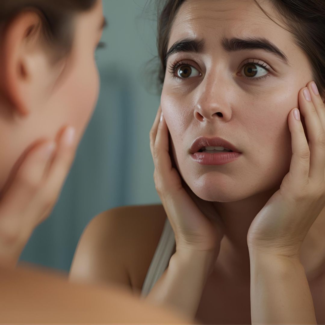 Mujer mirándose al espejo con cara de preocupación. Busca dermoasesoría para crear una rutina facial. Shafa cosmetics con Shamara