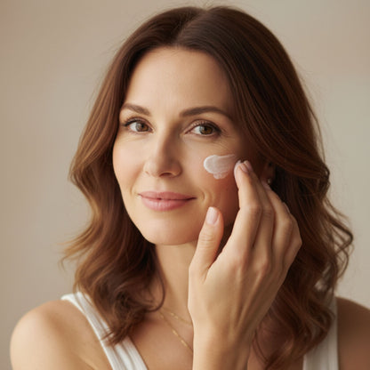 Mujer de 35 años aplicándose Hydralift con ácido hialurónico shafa cosmetics