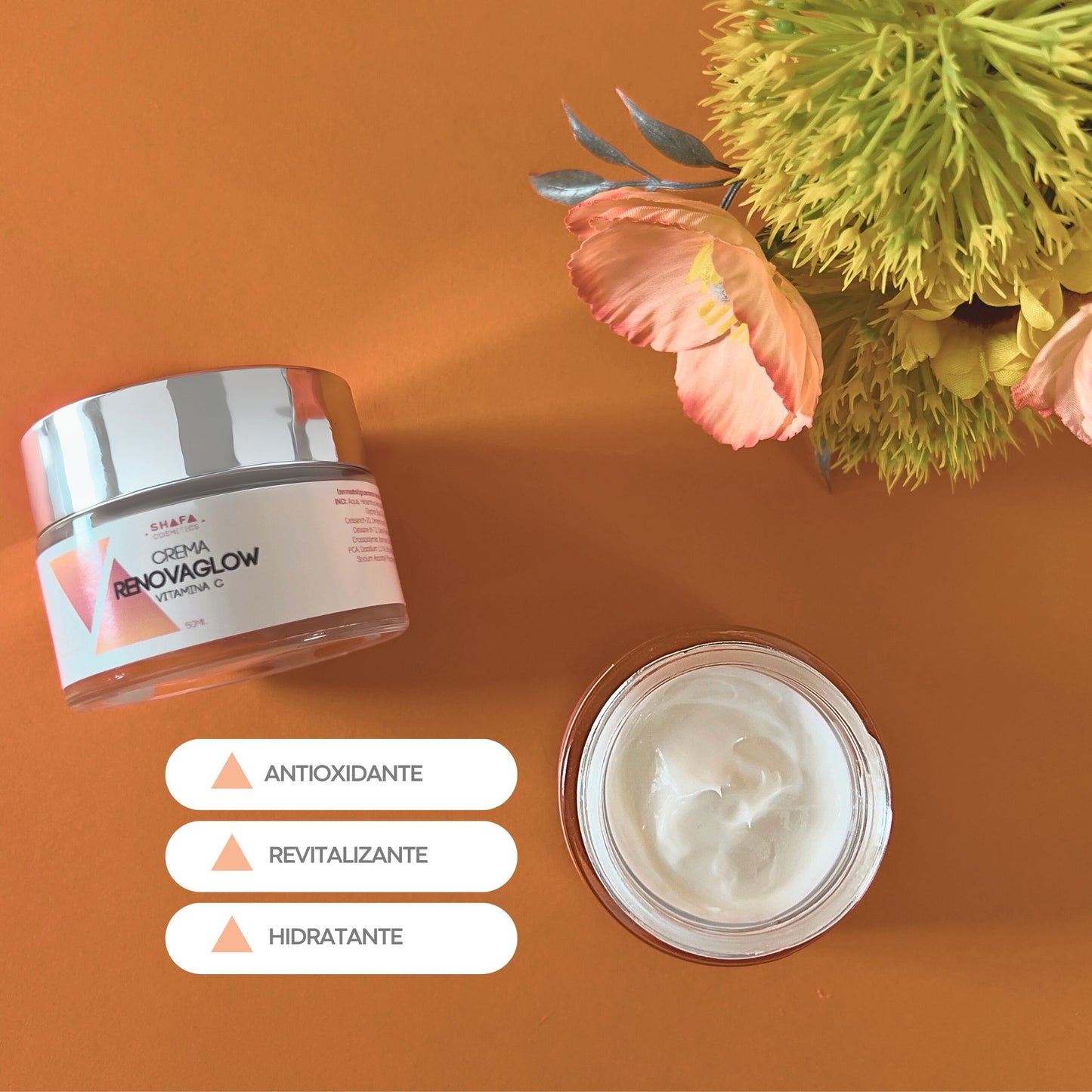 2 cremas renovaglow una cerrada y otra bierta con beneficios antioxidante, revitalizante y hidratante  shafa cosmetics