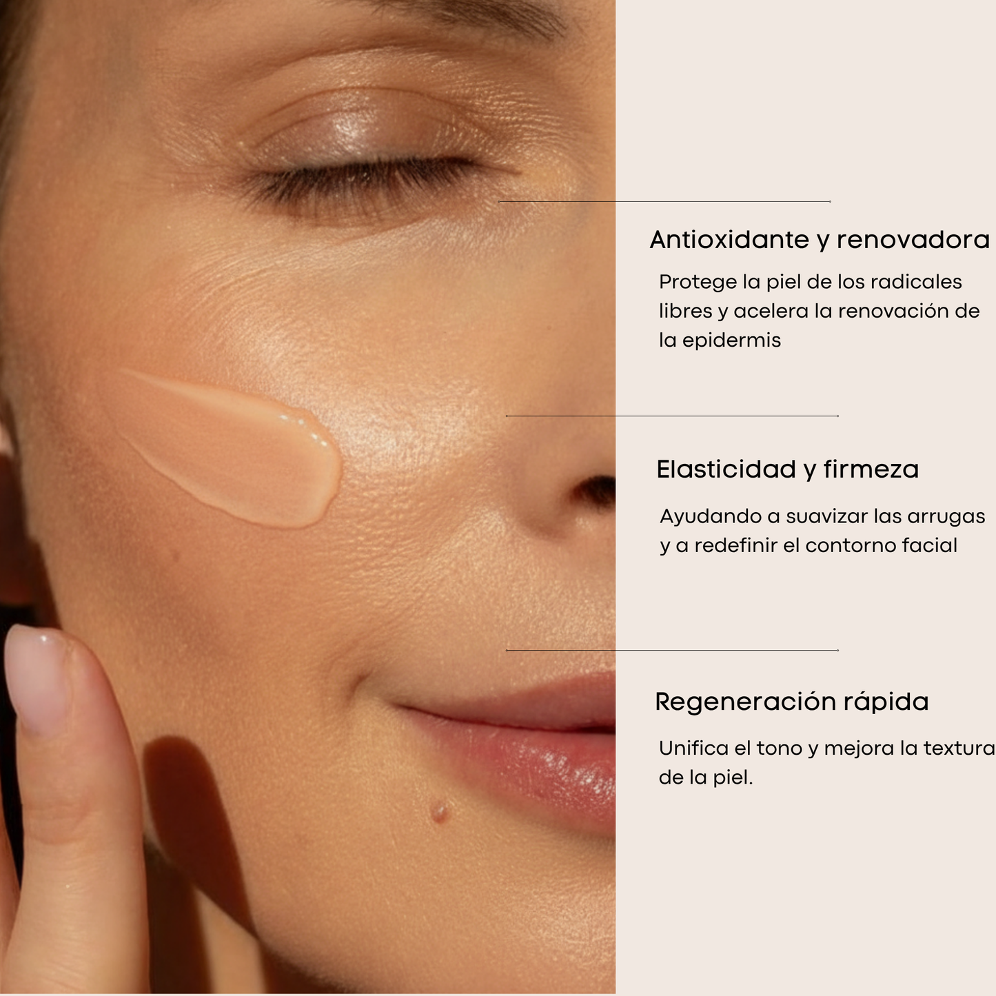 mujer con aplicacion glowboost en su mejilla con apartado a la derecha de beneficios. Acción antioxidante, renovadora, elasticidad, regeneración celular. Post verano. otoño . Shafa cosmetics